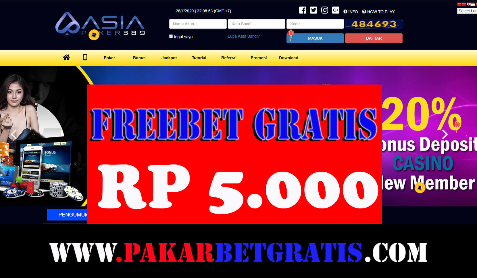 Freebet asiapoker389 gratis Rp 5.000