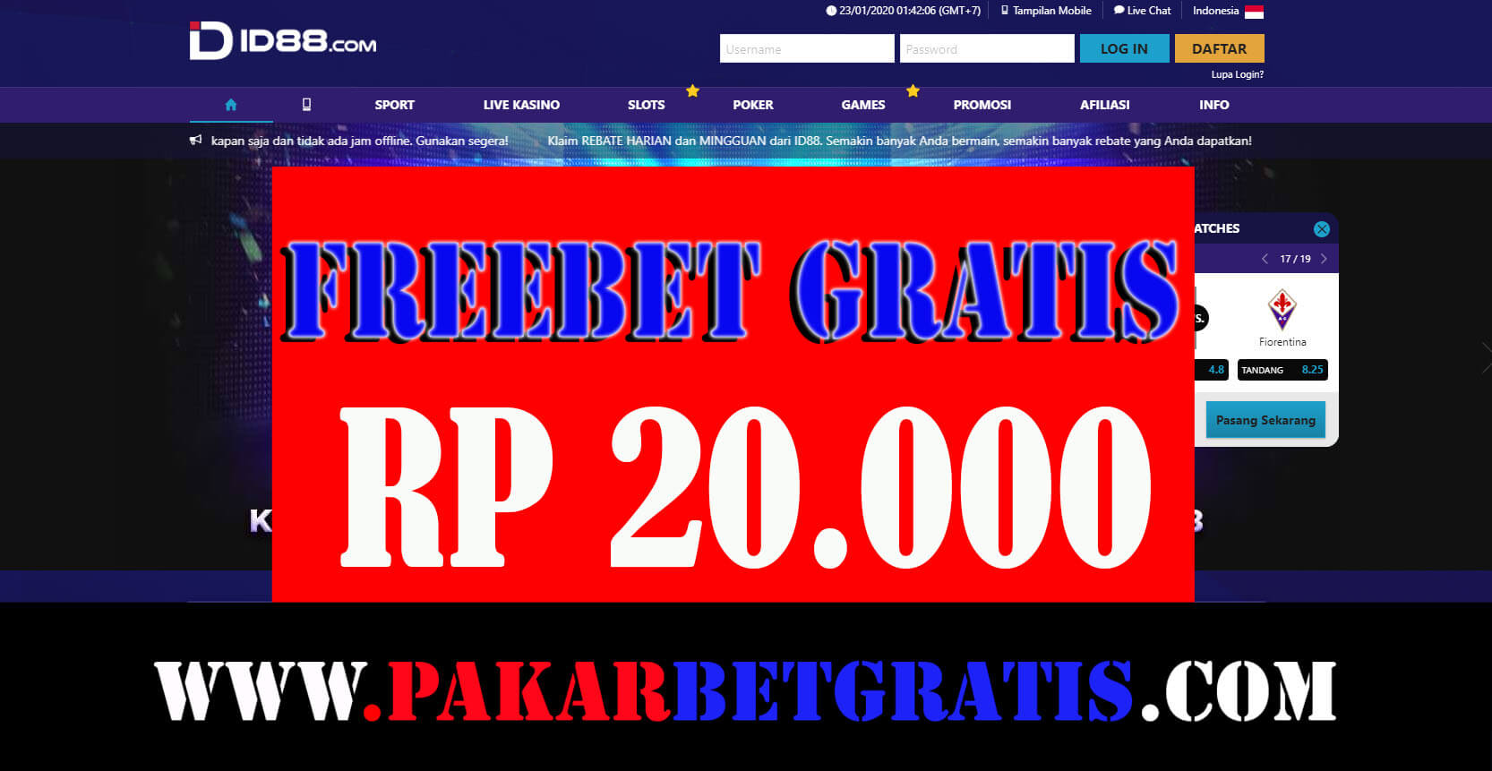 Freebet gratis ID88 Rp 20.000 Tanpa deposit