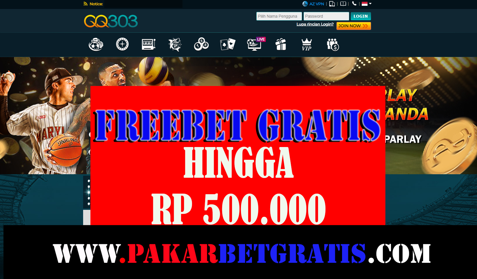 Freebet QQ303 hingga Rp 500.000