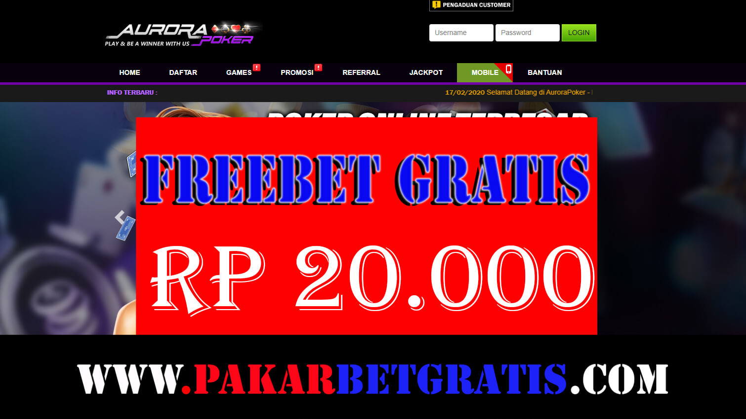 Freebet gratis aurorapoker rp 20.000