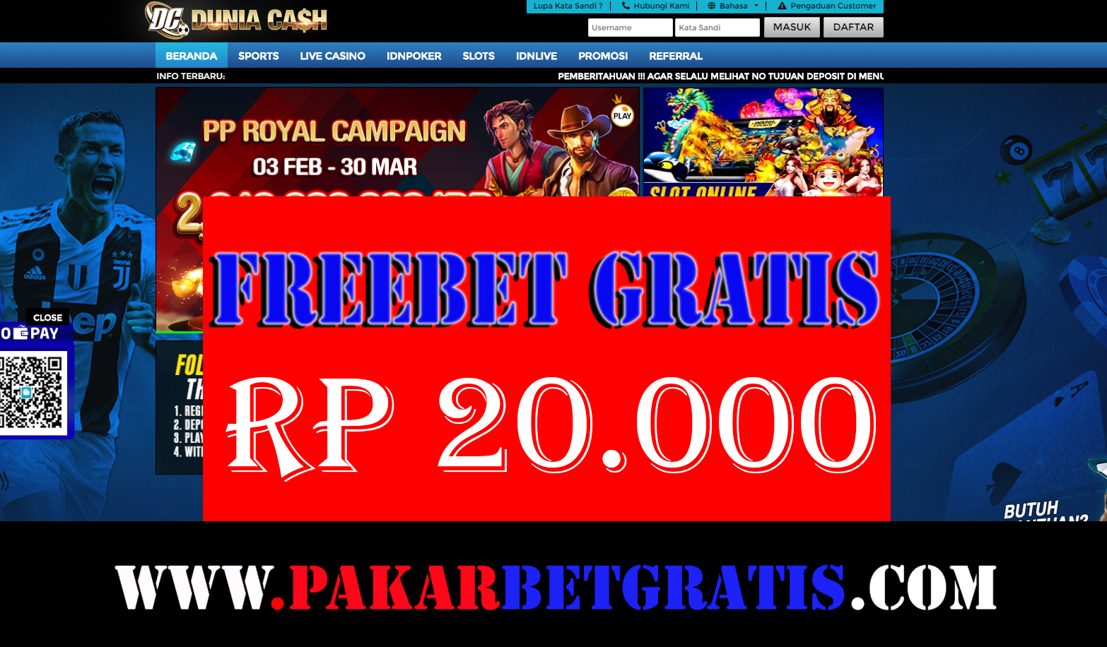 Freebet duniacash Rp 20.000