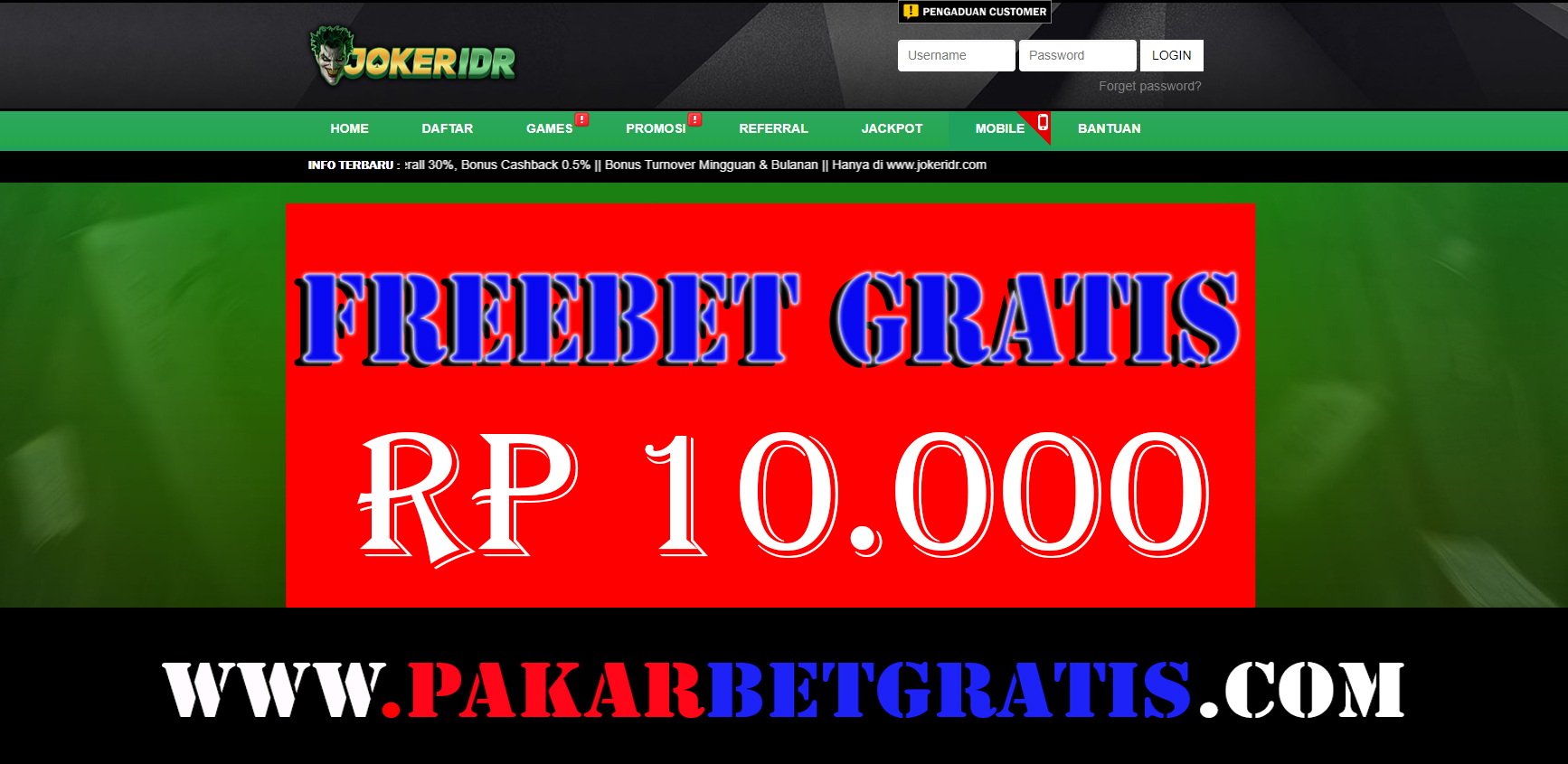 Freebet gratis JokerIDr Gratis RP 10.000