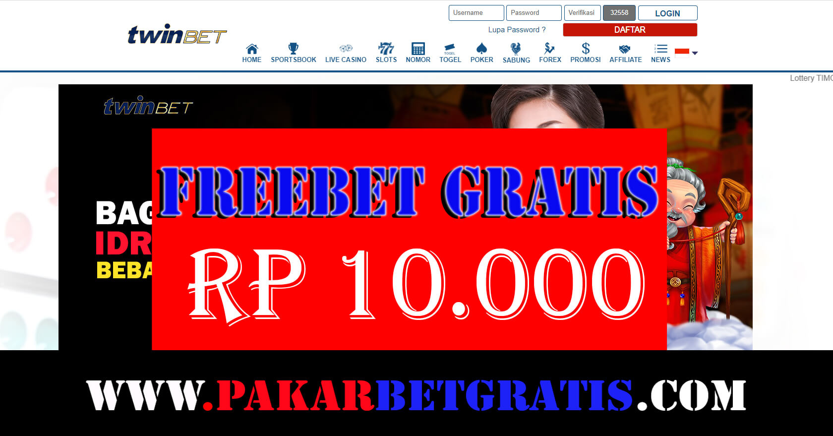 Freebet gratis Twinbet Rp 10.000 Tanpa deposit