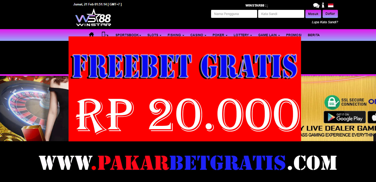Freebet gratis winstar88 Rp 20.000 tanpa deposit