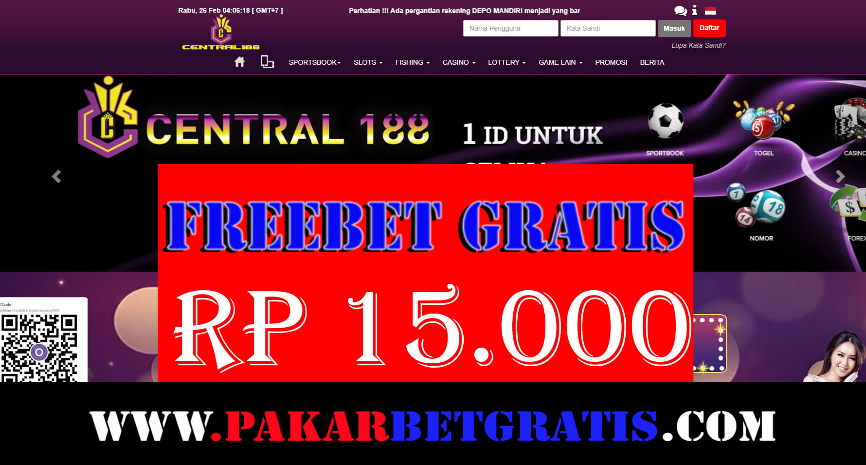 Freebet Gratis central188 Rp 15.000 Tanpa deposit