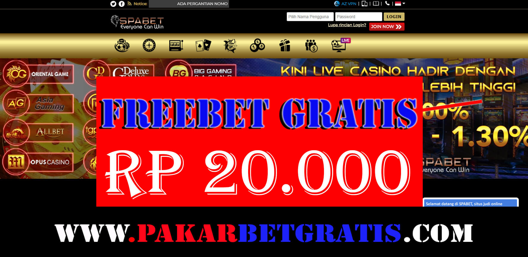 Freebet Gratis Spabet Rp 20.000 tanpa deposit