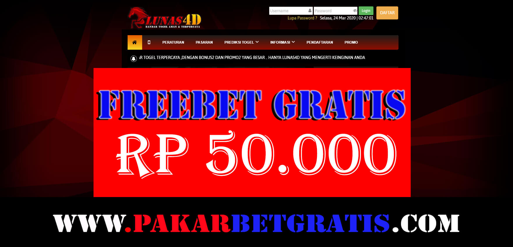 Freebet gratis Lunas4d Rp 50.000 tanpa deposit