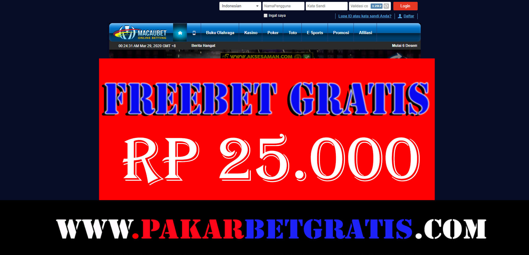Freebet Gratis macaubet Rp 25.000 tanpa deposit