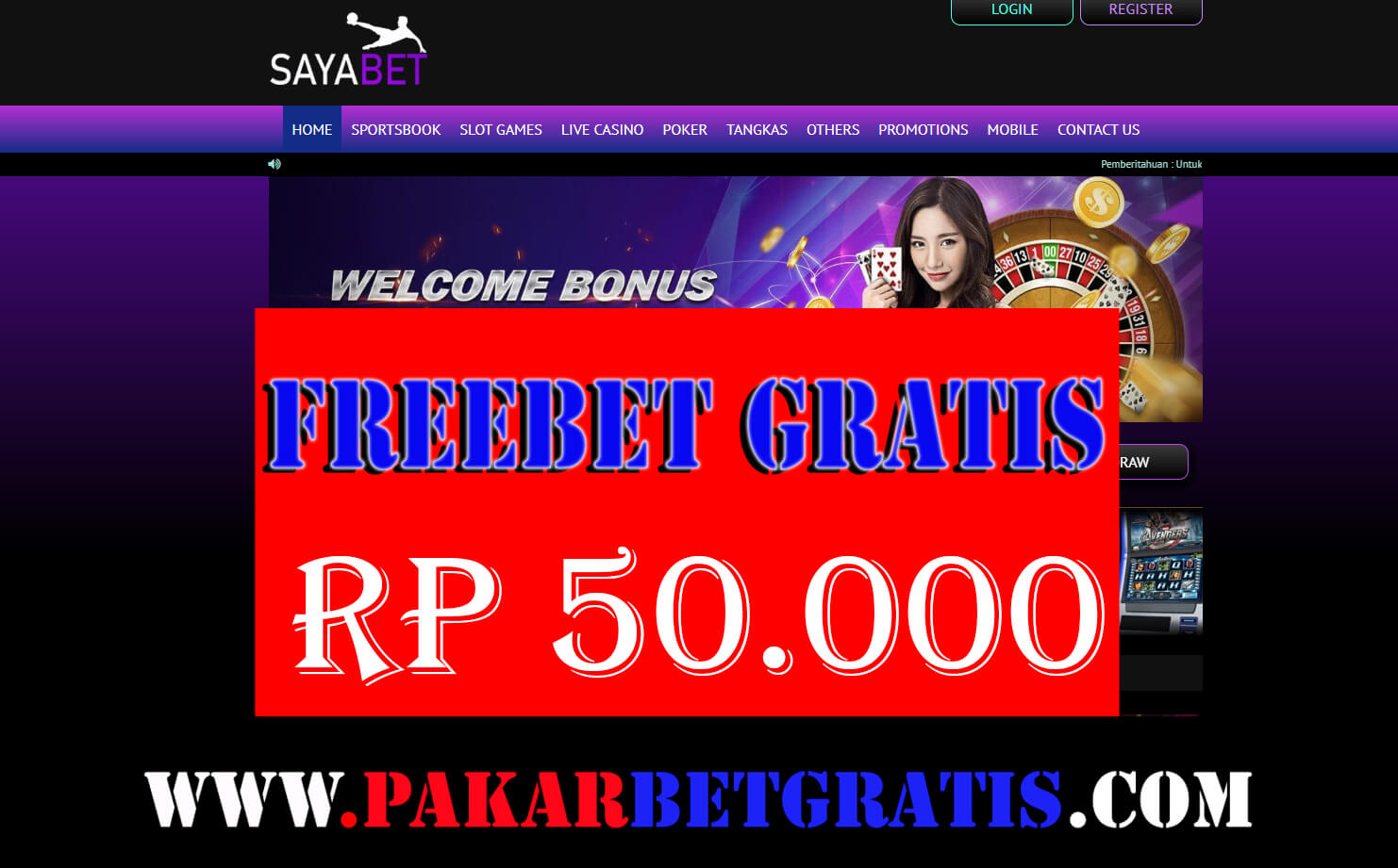 Freebet Gratis sayabet Rp 50.000 Tanpa Deposit