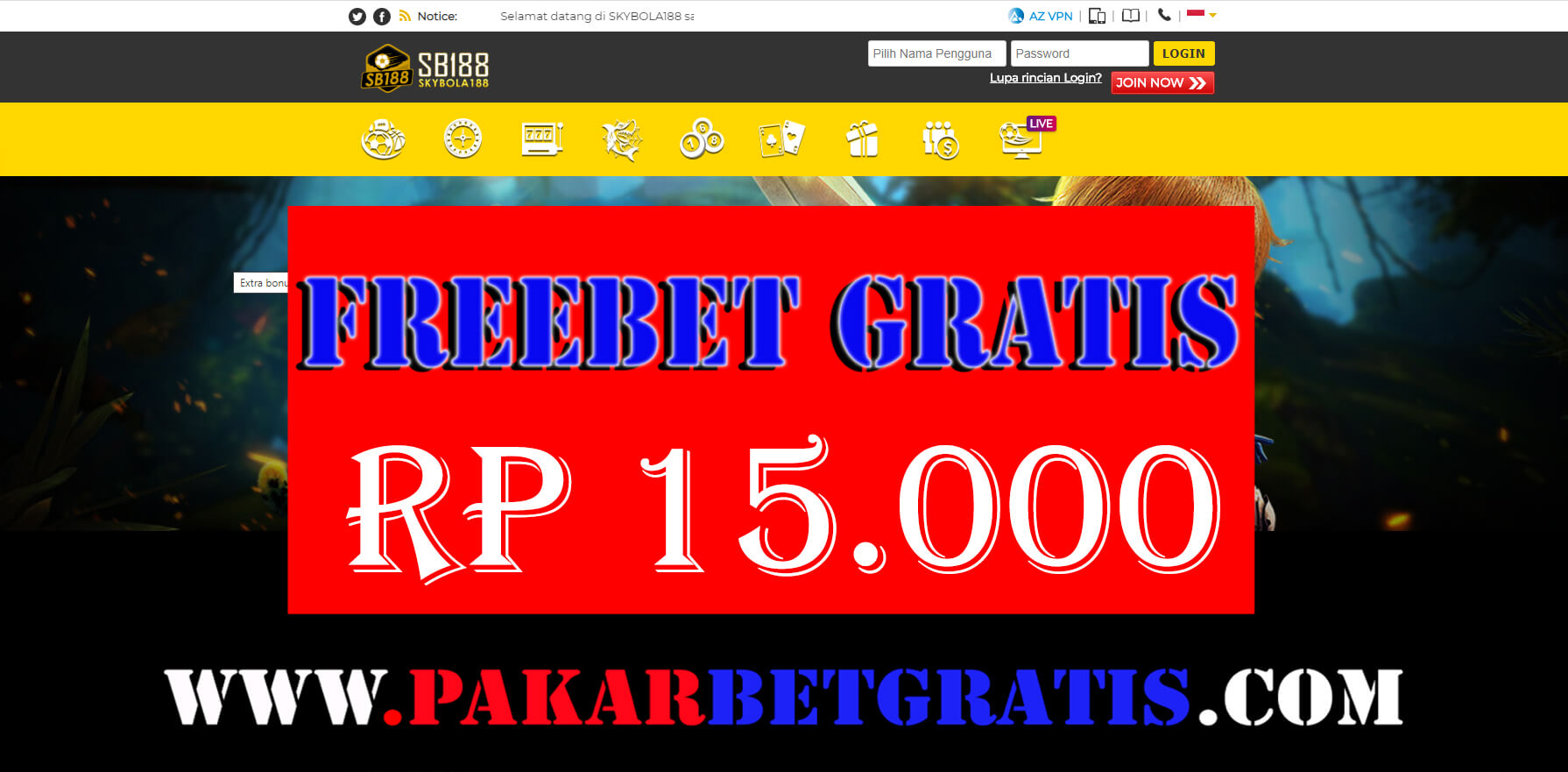 Freebet Gratis skybola188 Rp 15.000 Tanpa deposit