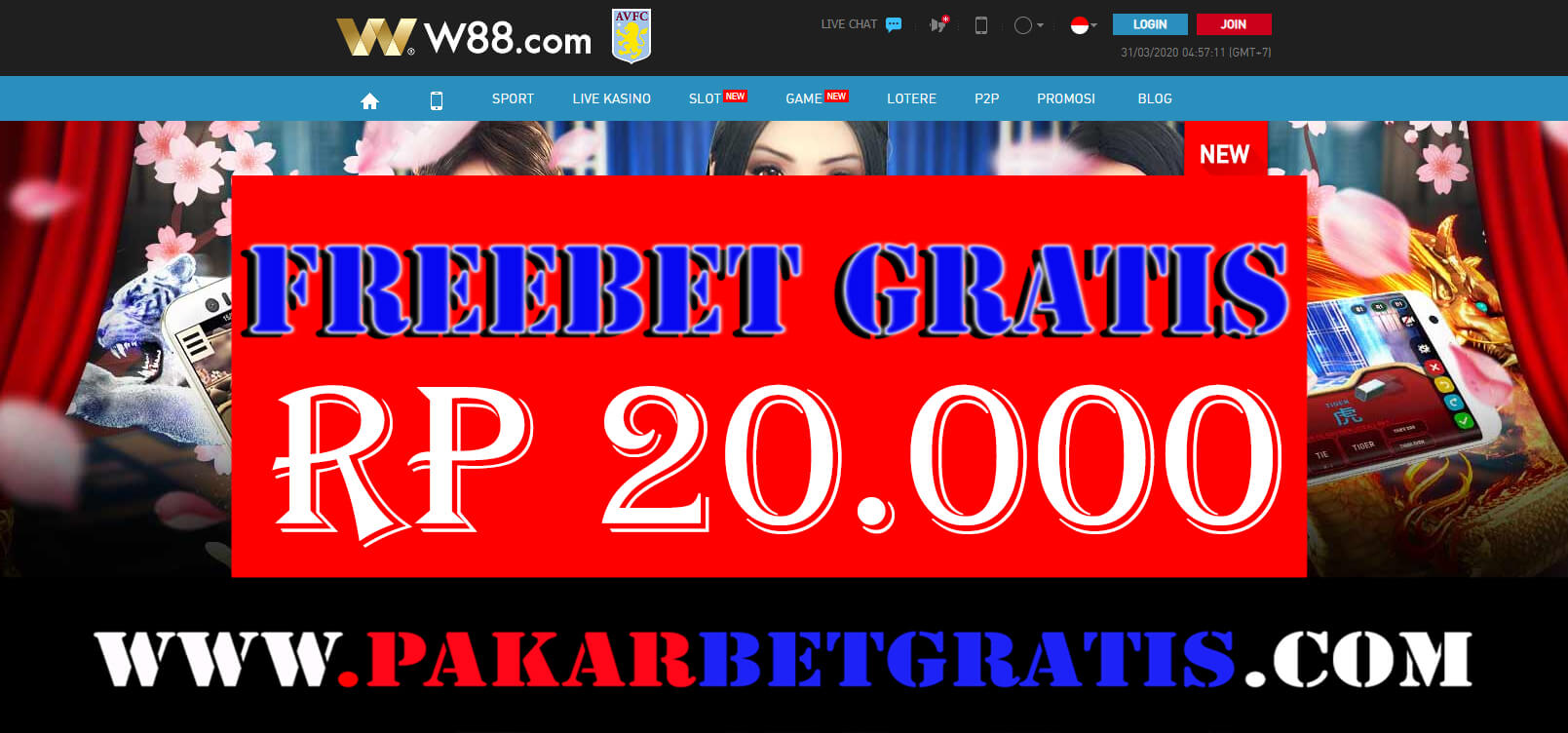 Freebet Gratis w88 Rp 20.000 Tanpam deposit