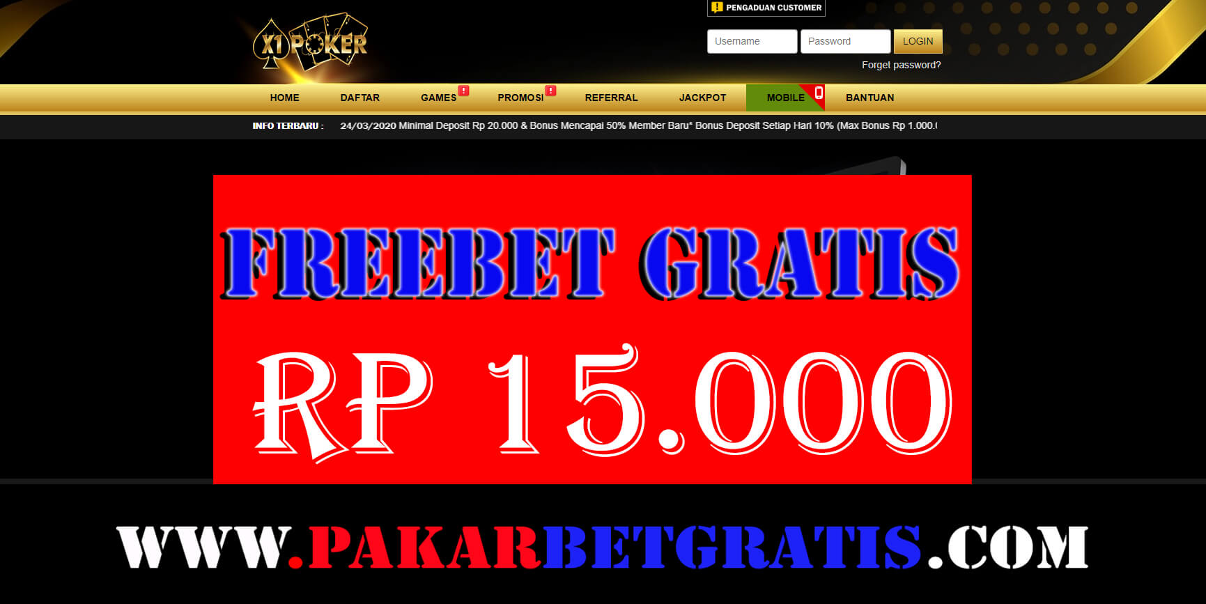 Freebet Gratis x1poker Rp 15.000 Tanpa Deposit