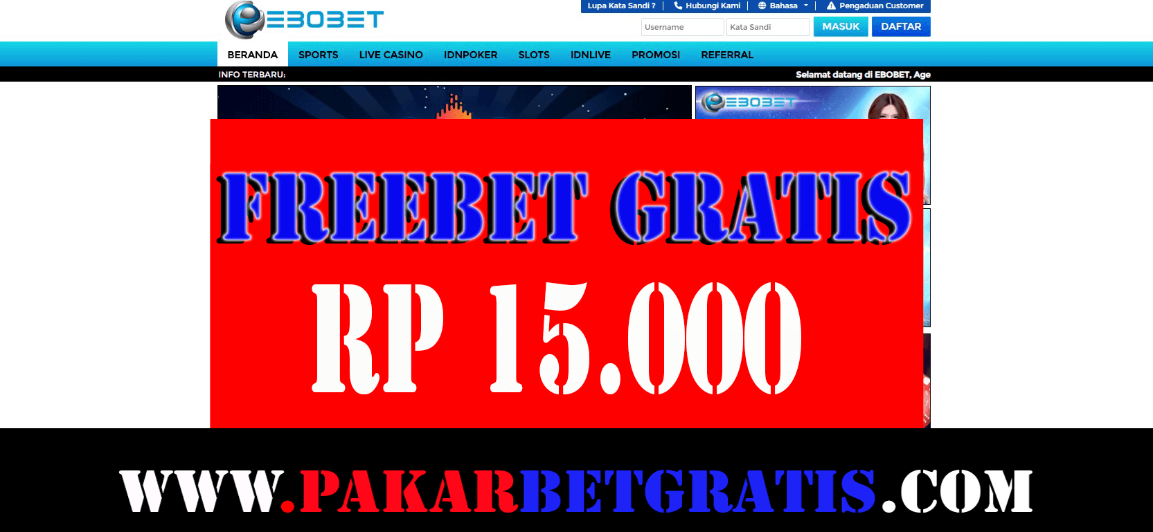 Freebet Gratis ebobet Rp 15.000 Tanpa deposit