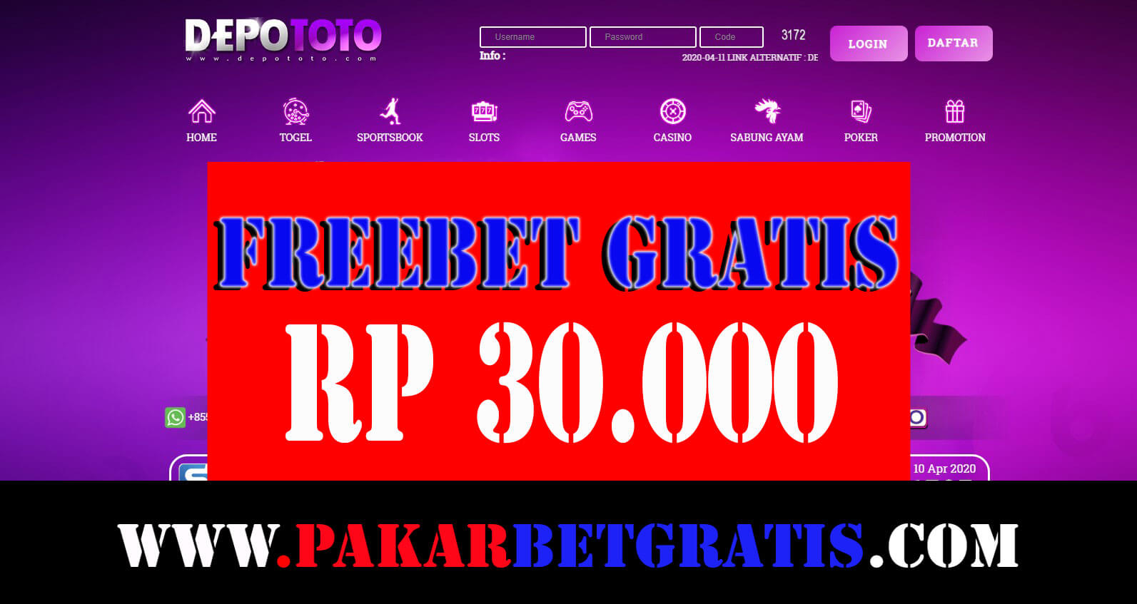 Depototo Freebet Gratis Rp 30.000 Tanpa deposit