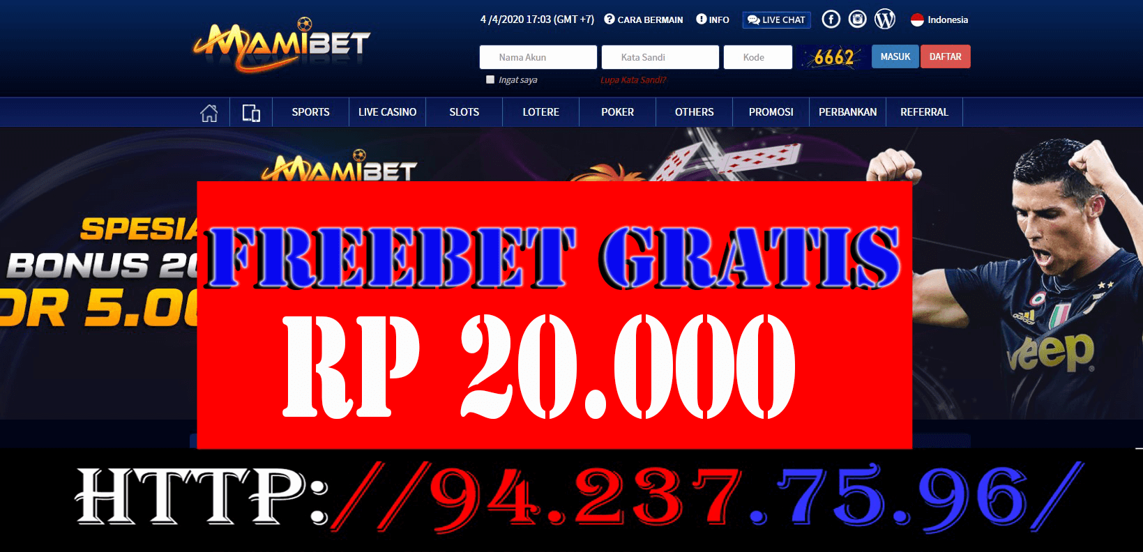 Freebet gratis mamibet Rp 20.000 Tanpa deposit