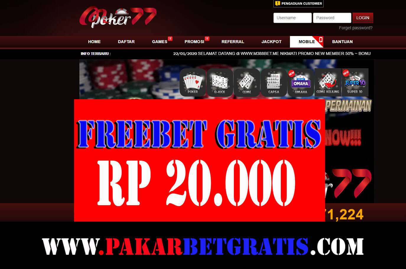 Mpoker77 Freebet gratis Rp 20.000 Tanpa deposit