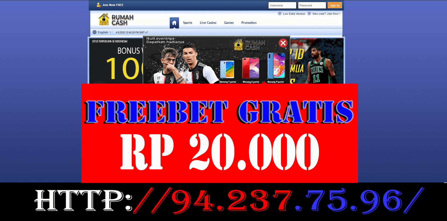 Freebet Gratis Rumahcash Rp 20.000 Tanpa deposit