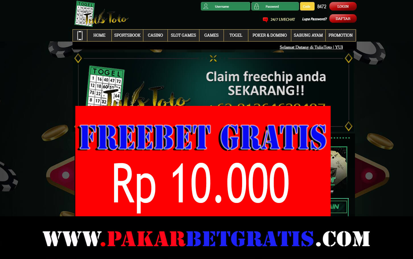 Tulistoto Freebet Gratis Rp 10.000 Tanpa Deposit