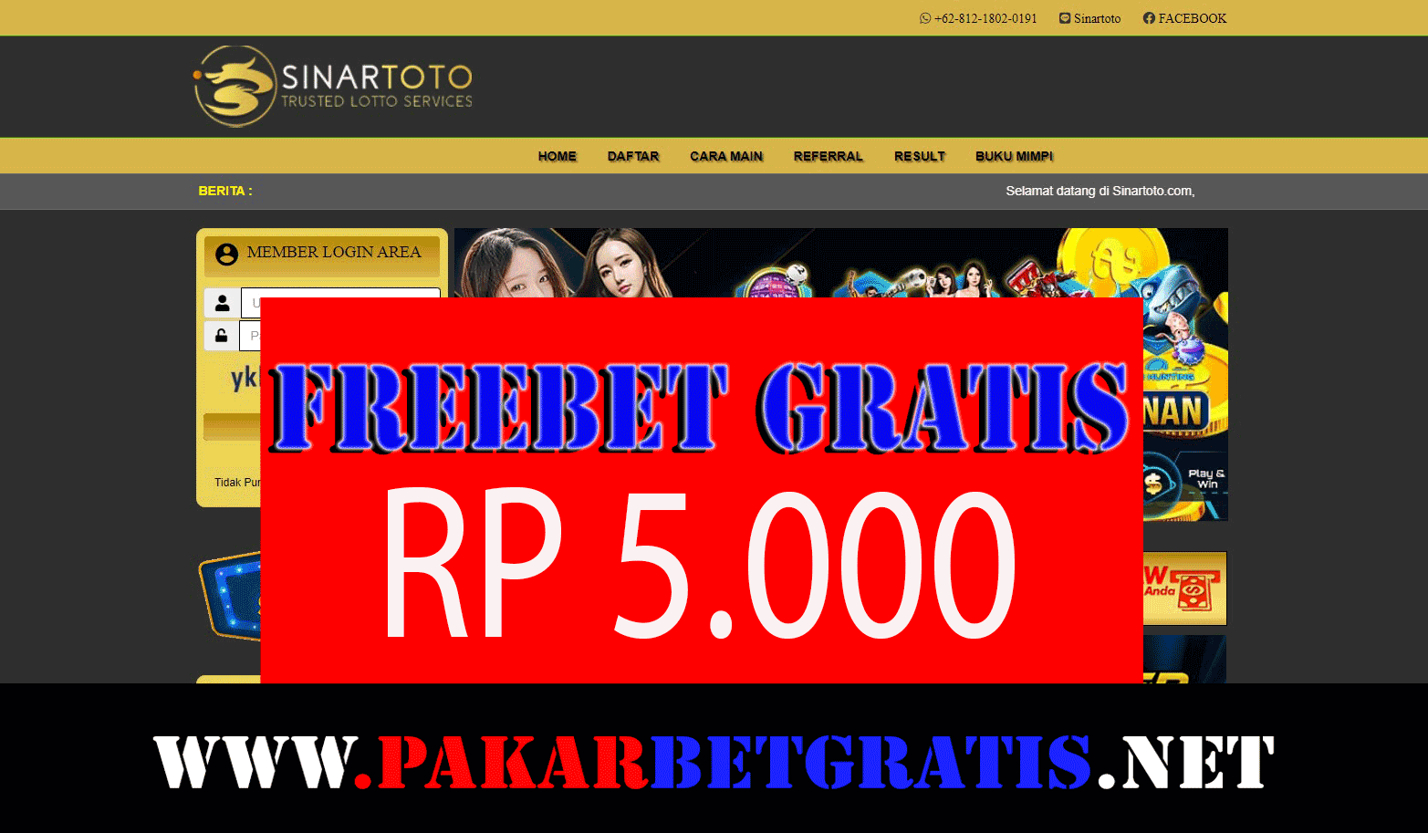 Sinartoto Freebet gratis Rp 5.000 Tanpa Deposit