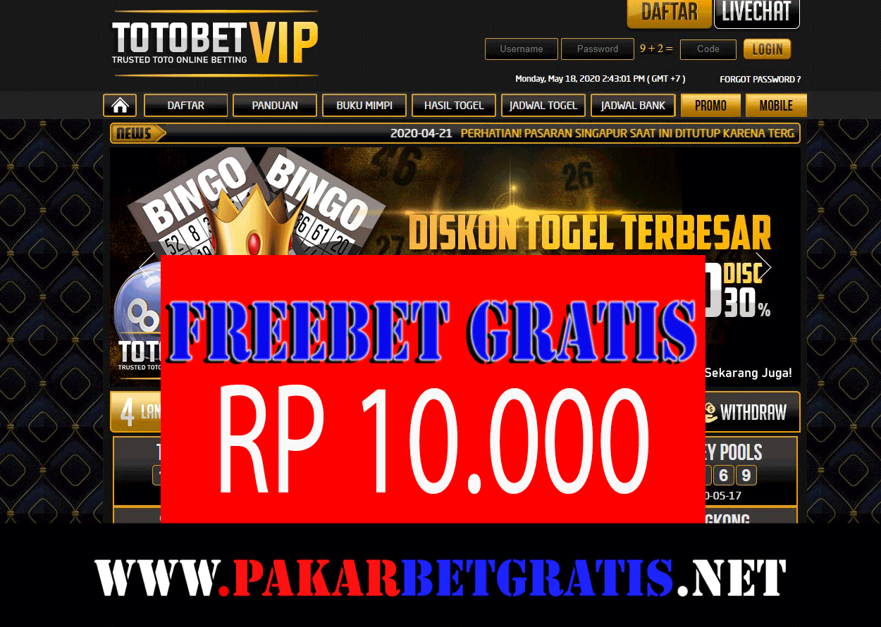 Freebet TOTOBETVIP Rp 10.000 Tanpa Deposit