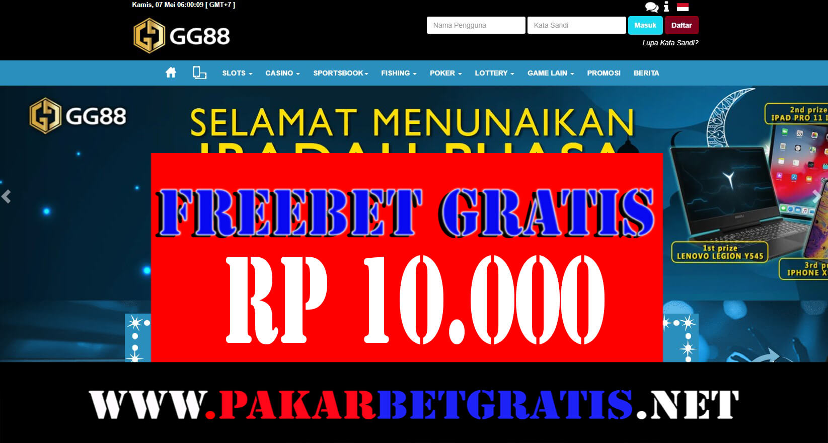 Freebet gratis GG88 Rp 10.000 Tanpa Deposit