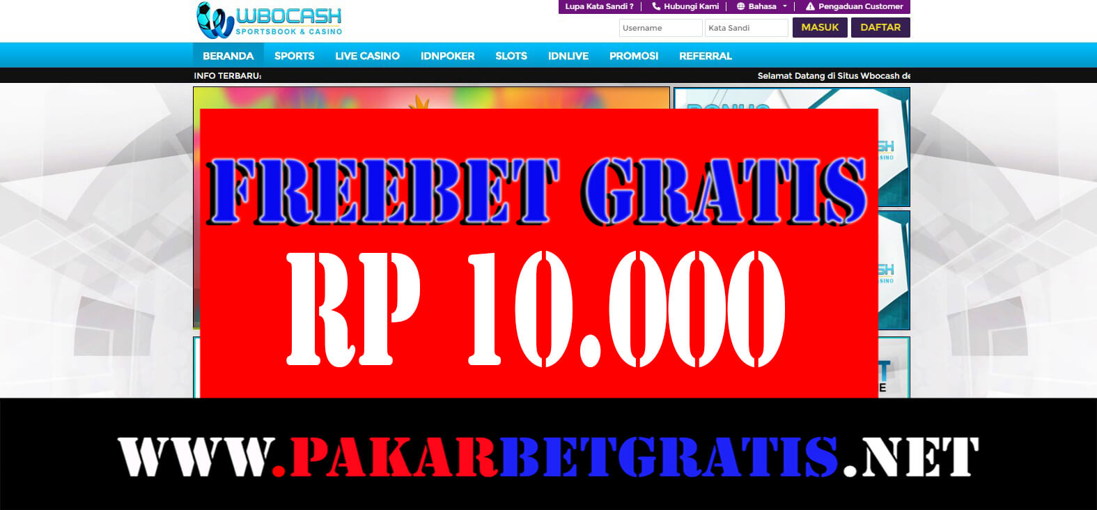 Freebet gratis wbocash Rp 10.000 Tanpa deposit