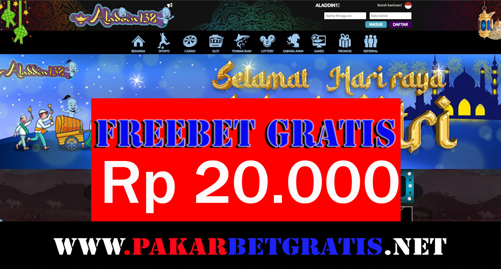 aladdin138 Freebet Gratis Indonesia Rp 20.000 Tanpa Deposit